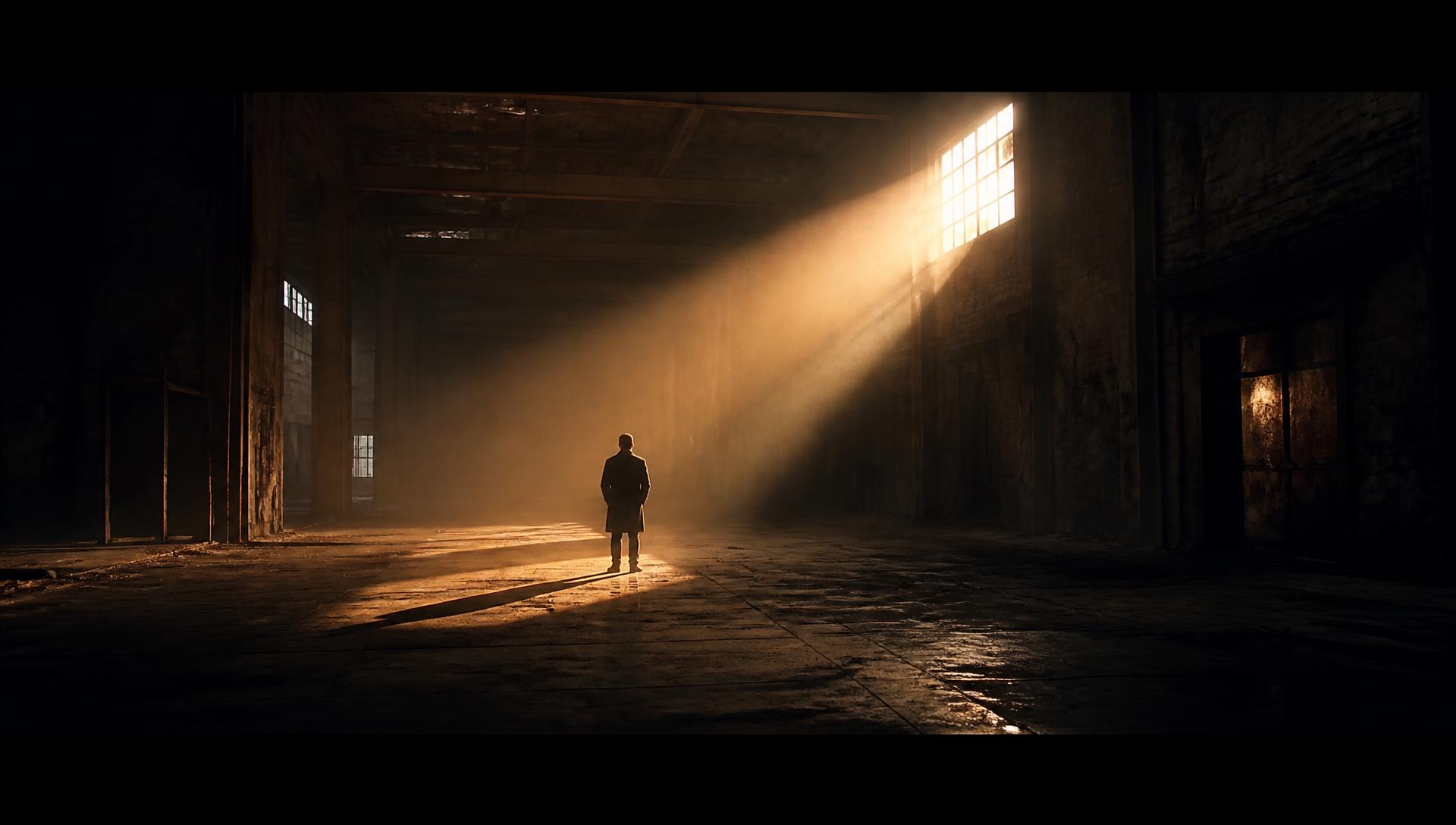 A lone figure standing in a shaft of light inside a vast empty warehouse