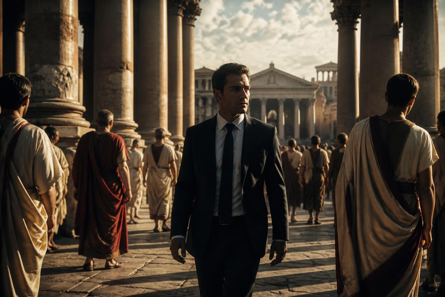 A modern professional walking through ancient Rome